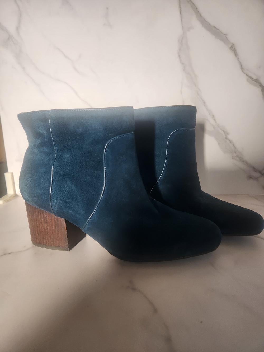 AEROSOLES Teal Blue Suede Block Heel Ankle Booties